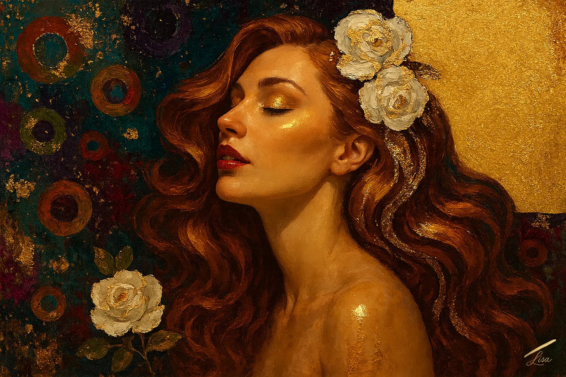 A luminous portrait of a woman with flowing auburn hair, crowned with white roses, set against a teal and gold textured background with glowing circular motifs.