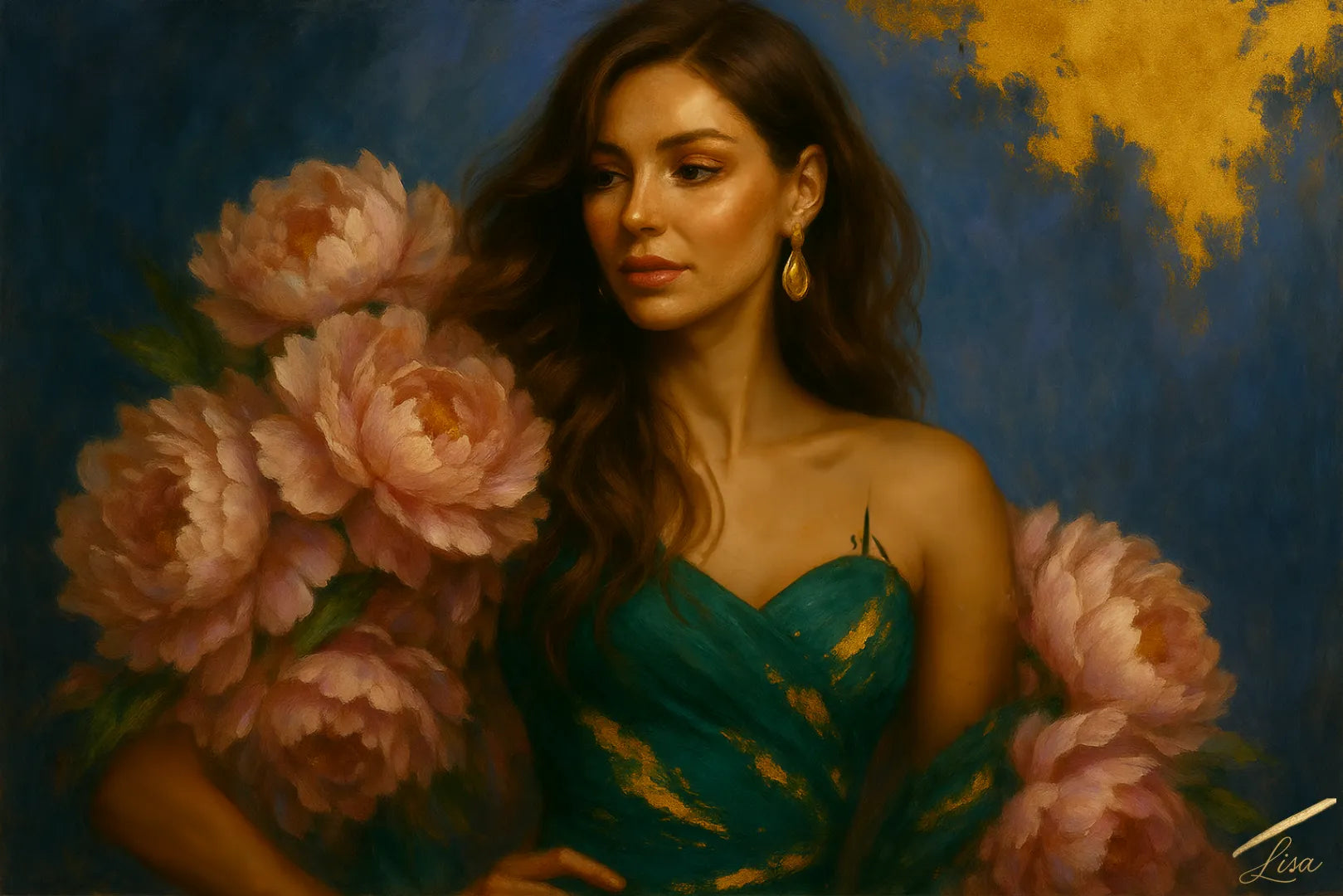Contemporary figurative artwork with gold accents and peony shawl.