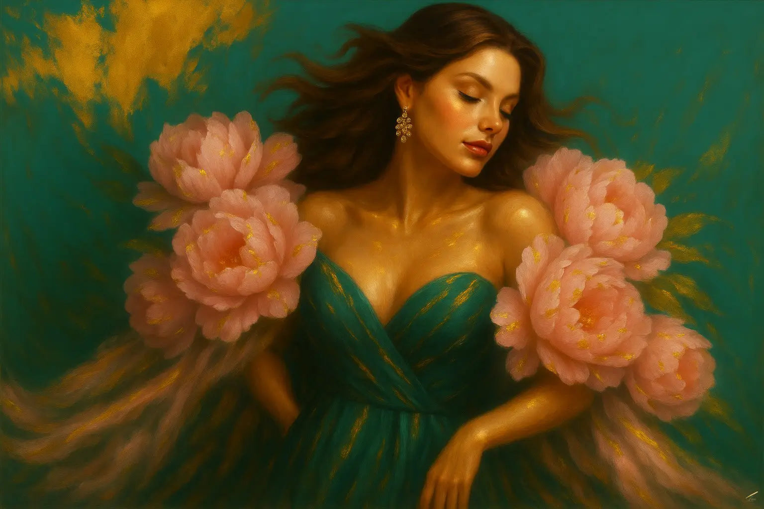 Contemporary figurative artwork with gold accents and flowy peony shawl.