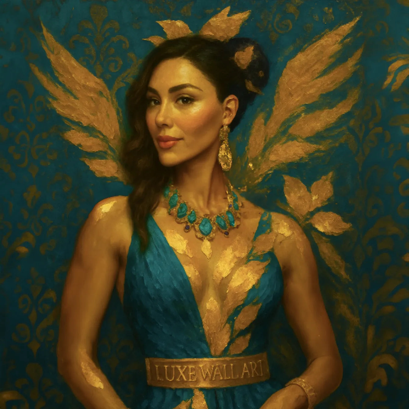 Gold-accent fine art portrait with winged dress by Lisa | commission example.