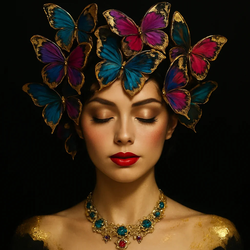 Luxury gold foil wall art of a glamorous woman wearing a butterfly couture headpiece. Teal and fuchsia butterflies edged in metallic gold, red lips, jewelled necklace, black background. High-fashion portrait, Butterfly Haute.