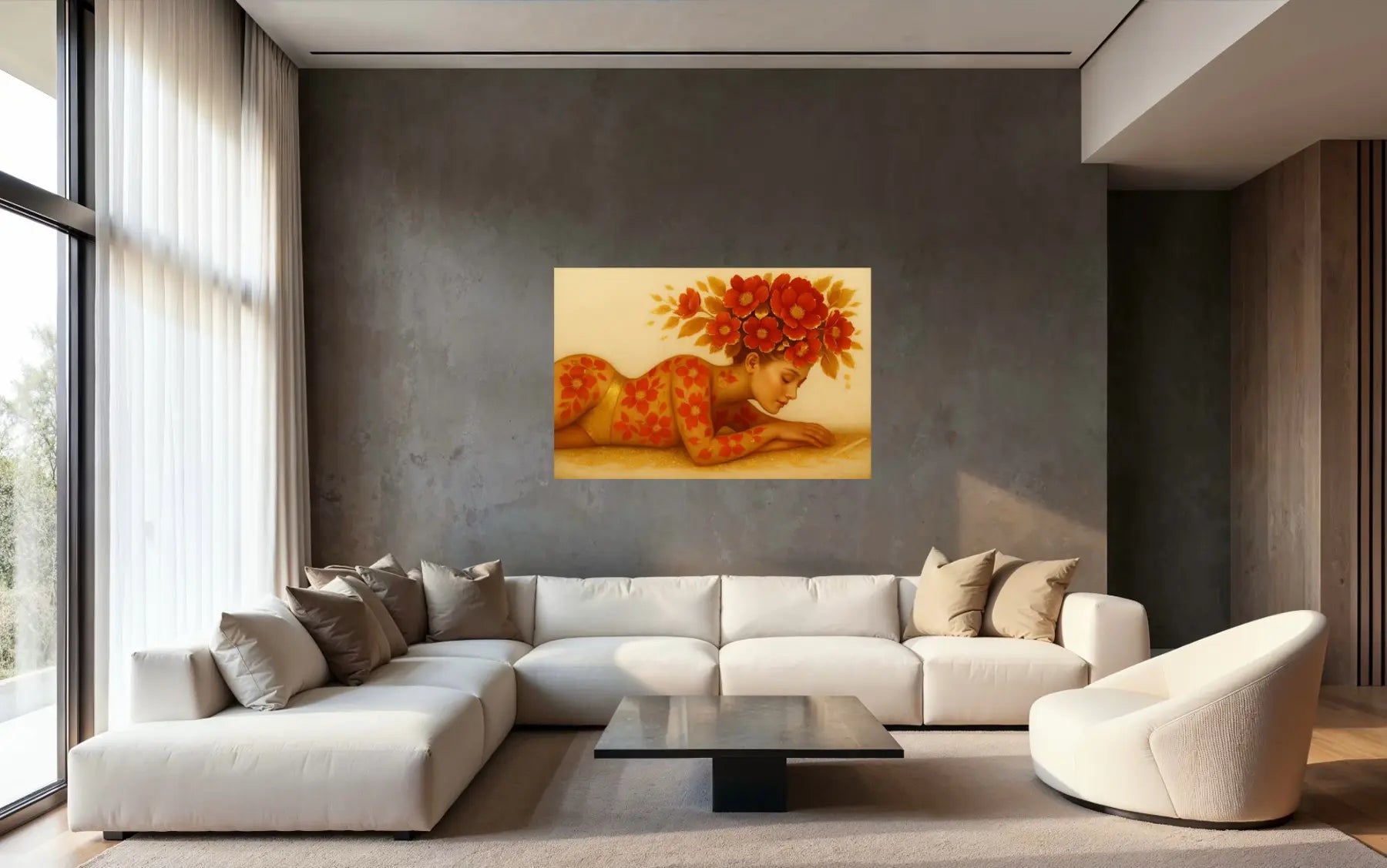 Auric Blossom original painting – floral couture portrait with dramatic florals, shown in a modern interior.