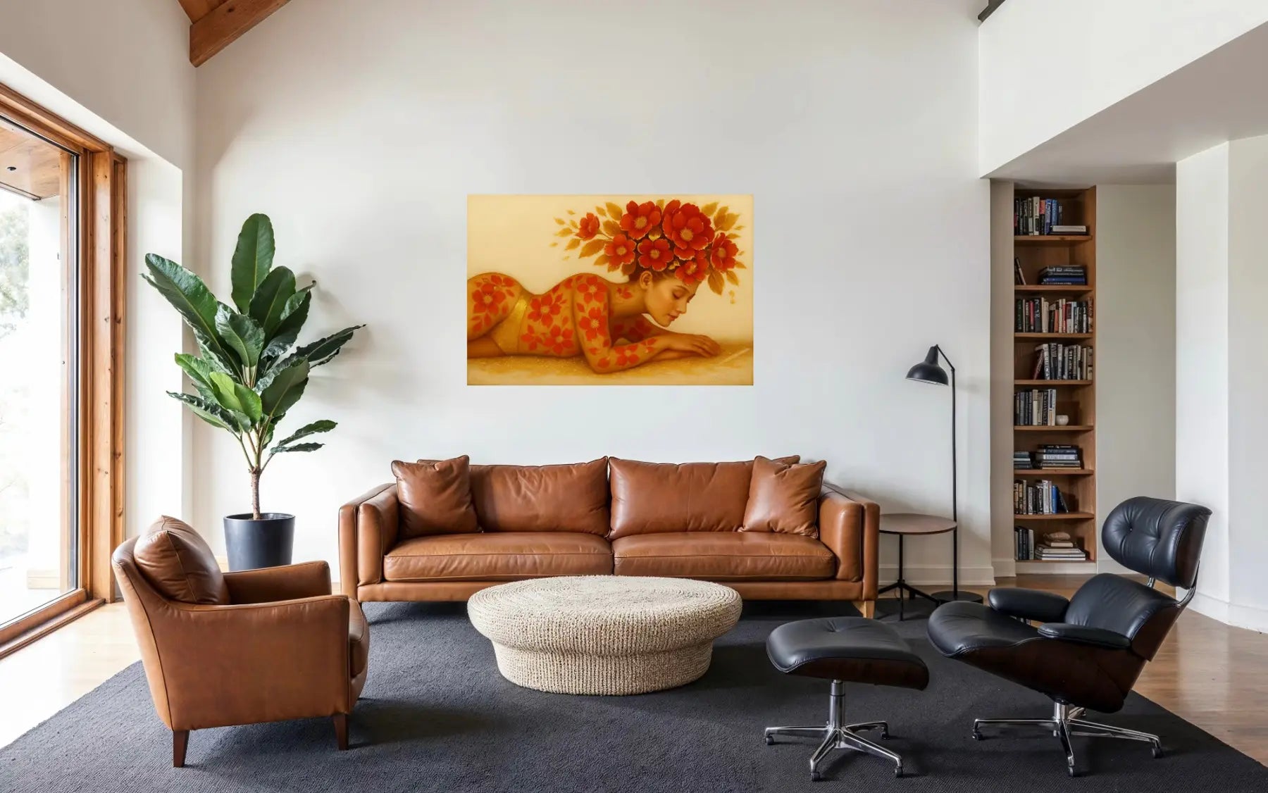 Auric Blossom original painting – floral couture portrait with dramatic florals, shown in a modern interior.