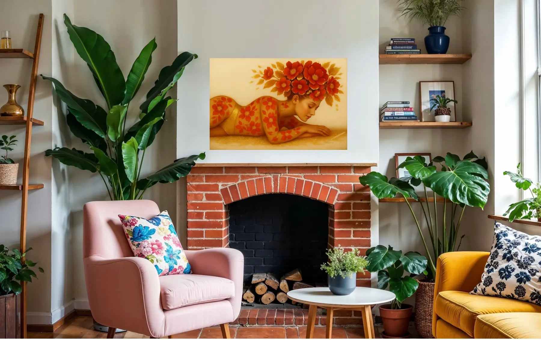 Auric Blossom original painting – floral couture portrait with dramatic florals, shown in a modern interior.