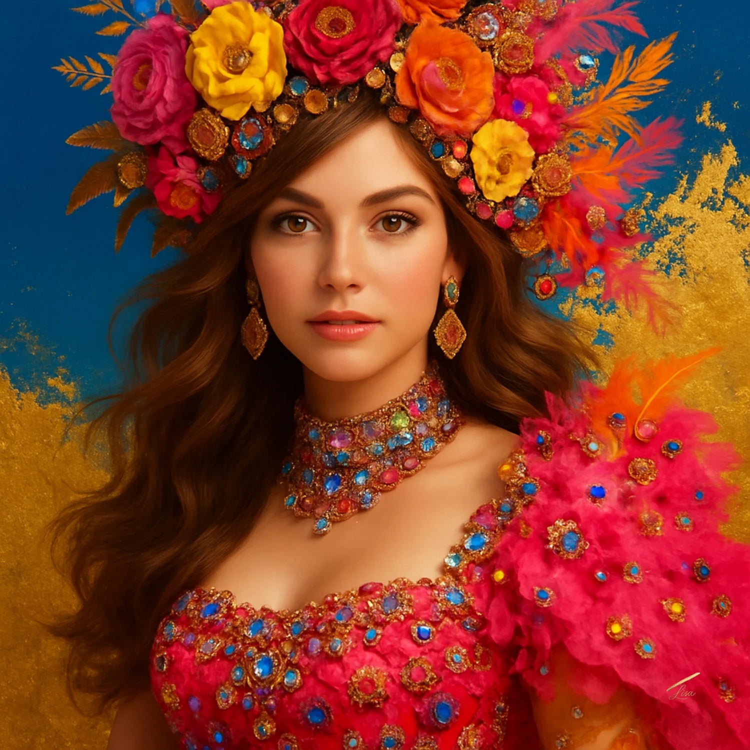 Aurora Adorné original painting – couture portrait with gold leaf detailing.