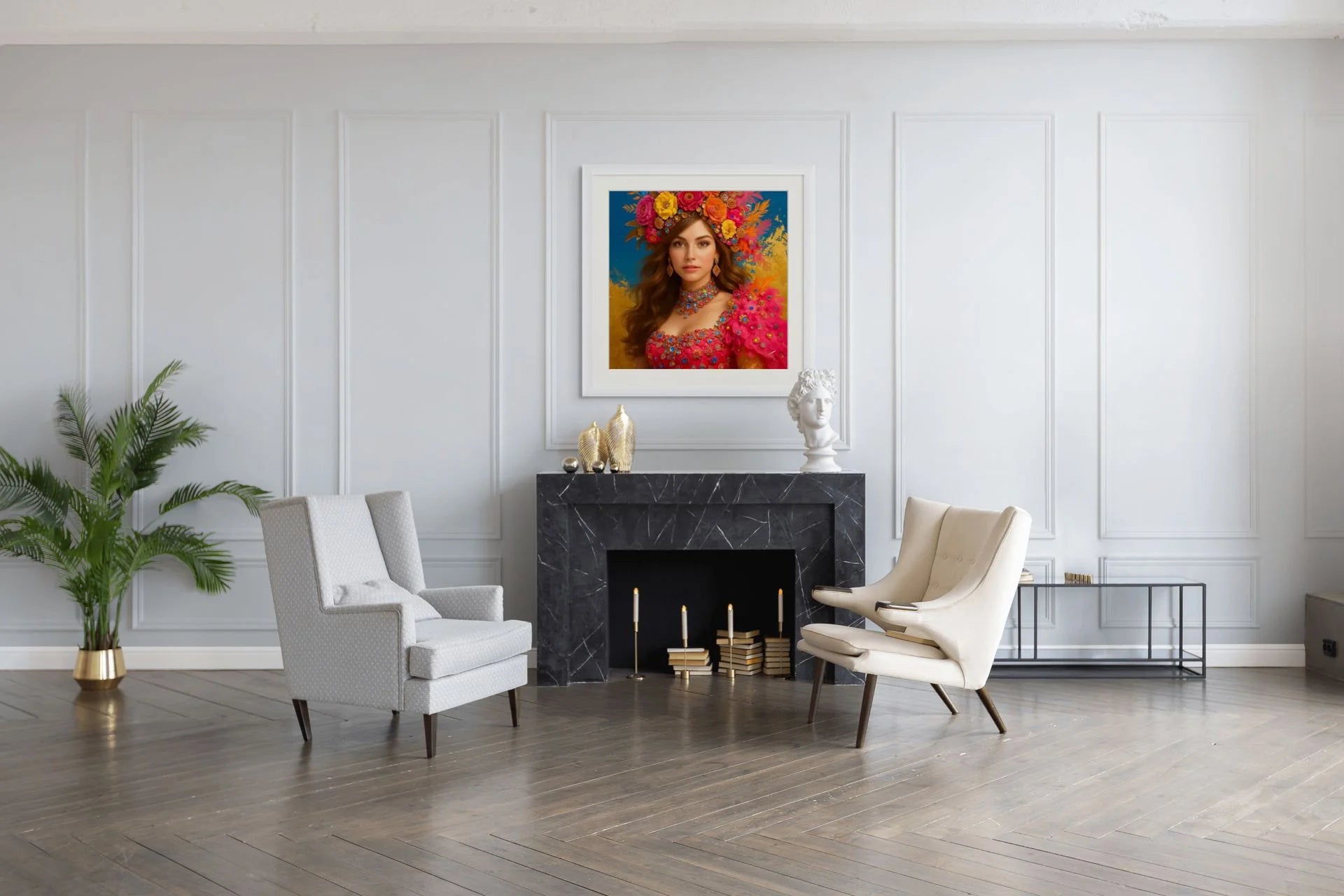 Aurora Adorné original painting – couture portrait with gold leaf detailing.