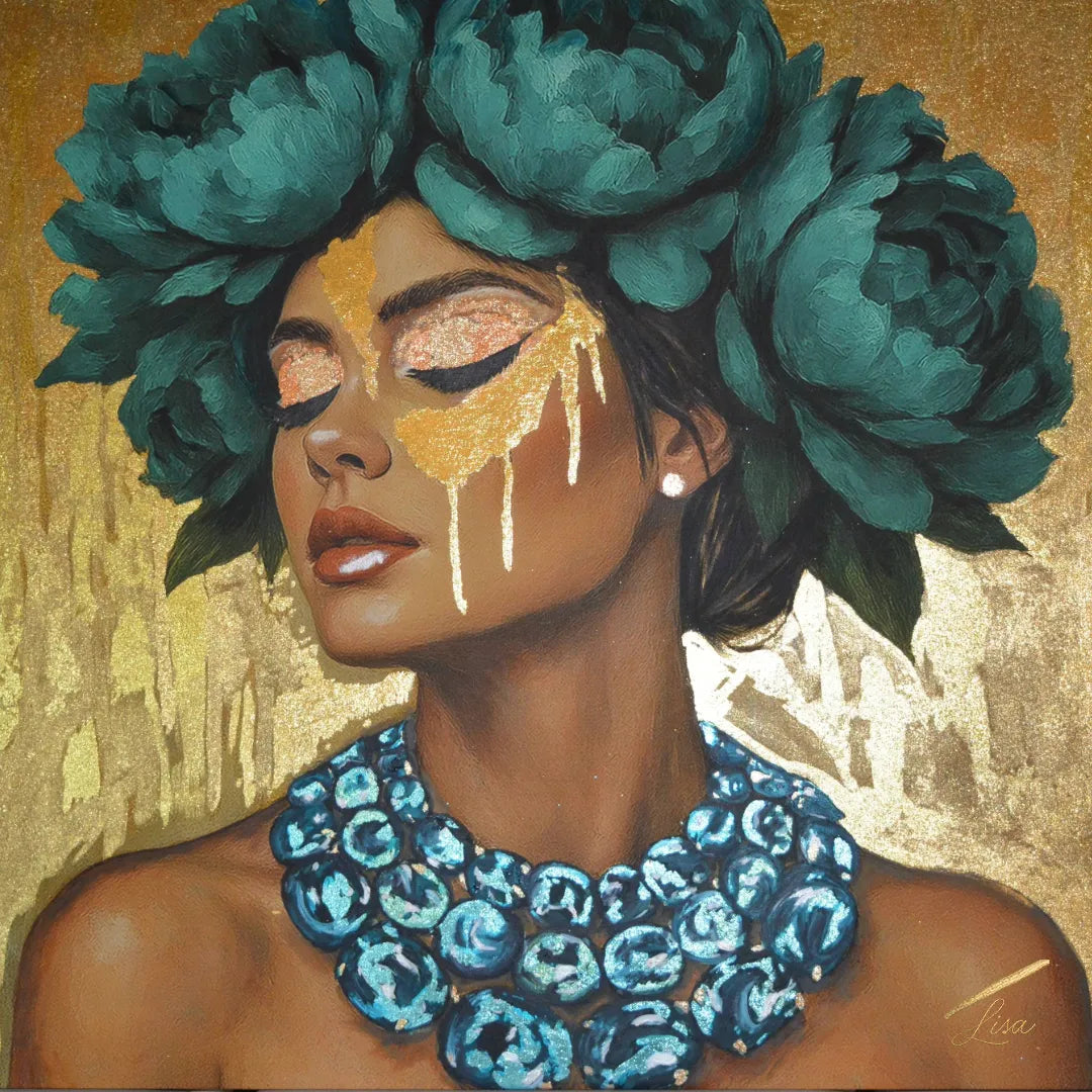 Azulina Glow fine art print – floral couture portrait with teal accents and dramatic florals.