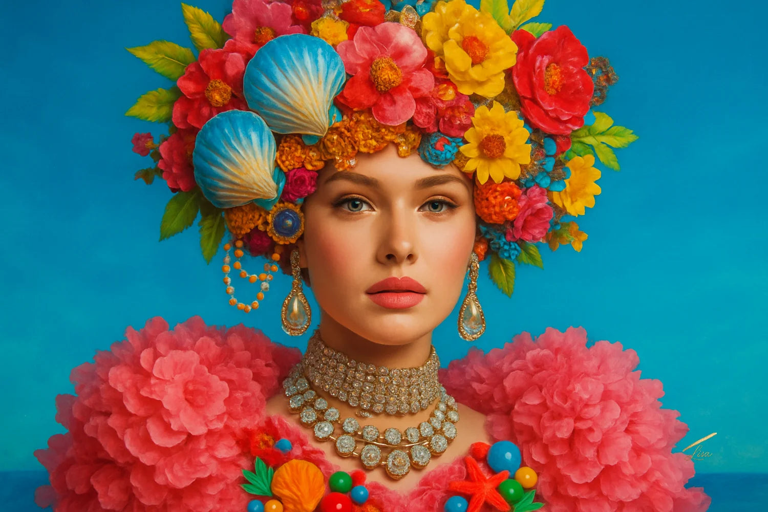 Azure Bloom Royale original painting – couture floral artwork with gold leaf detailing and surreal symbolism.