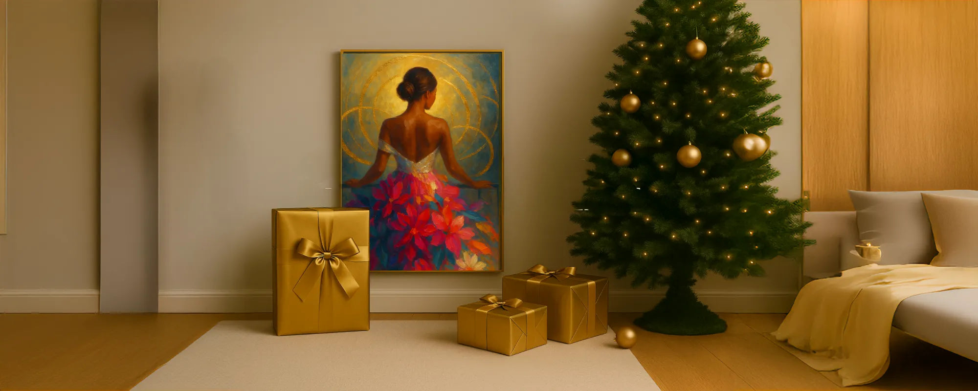 Decorative room with a Christmas tree, presents, and an original gold leaf painting of Halo Bloom on the wall.