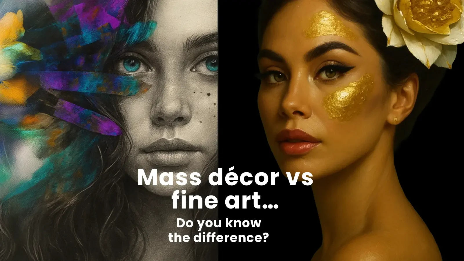 Graphic comparing mass décor artwork and fine art, showing an abstract portrait beside a gold-leaf Luxe-style portrait with text reading ‘Mass décor vs fine art.