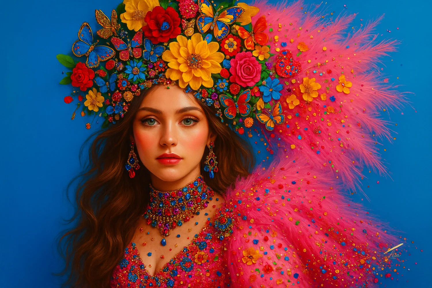 Butterfly Reverie original painting – surreal fashion portrait with gold leaf detailing.