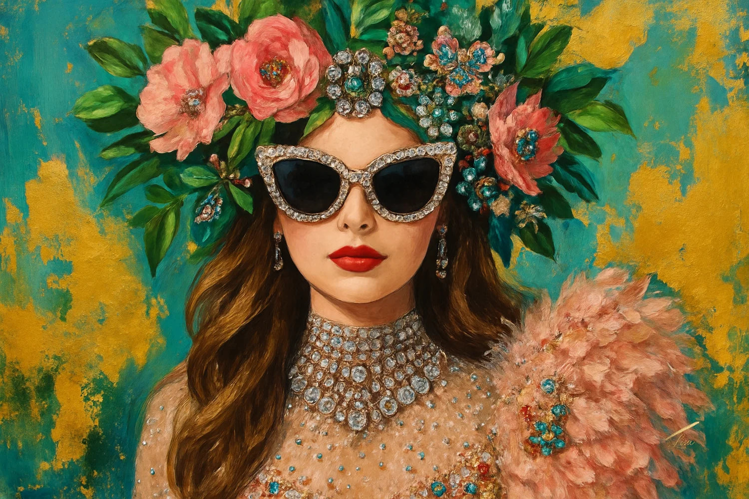 Couture Mirage original painting – couture portrait with gold leaf detailing and statement jewellery.