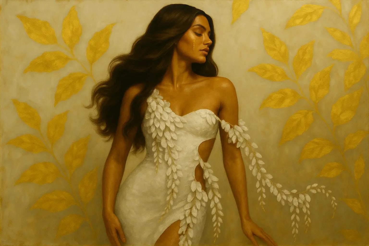 Couture portrait of an elegant woman in a white wisteria-inspired gown with painterly realism and soft florals against a gold leaf patterned background.