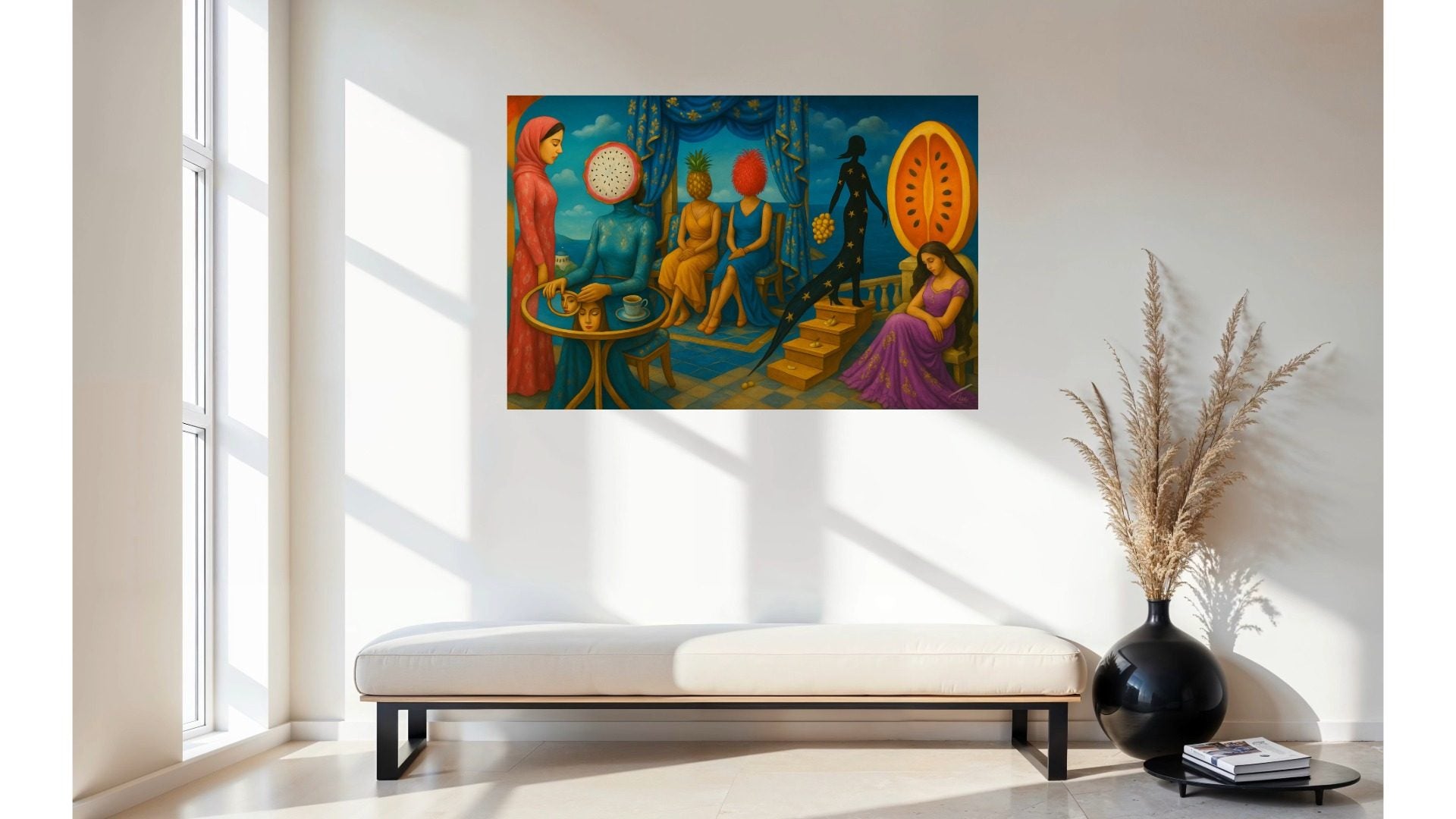 Fruit of Dreams print, surreal floral artwork with oversized fruit and golden detail, displayed in a bright interior.
