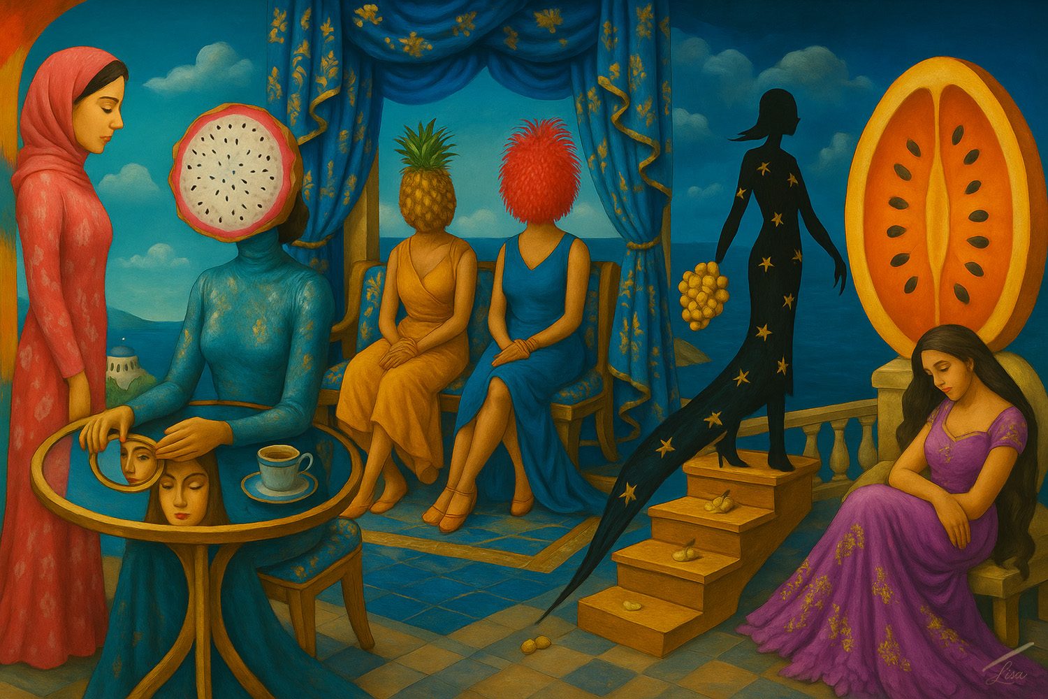 Fruit of Dreams print, surreal fashion artwork with oversized fruit and vibrant florals.