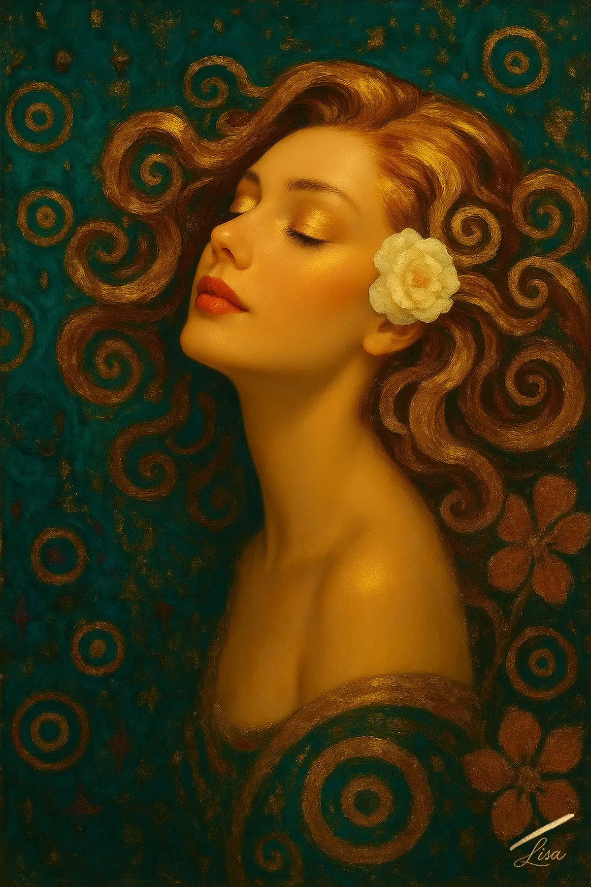 Portrait of a serene golden muse with a white gardenia crown, signed by Lisa