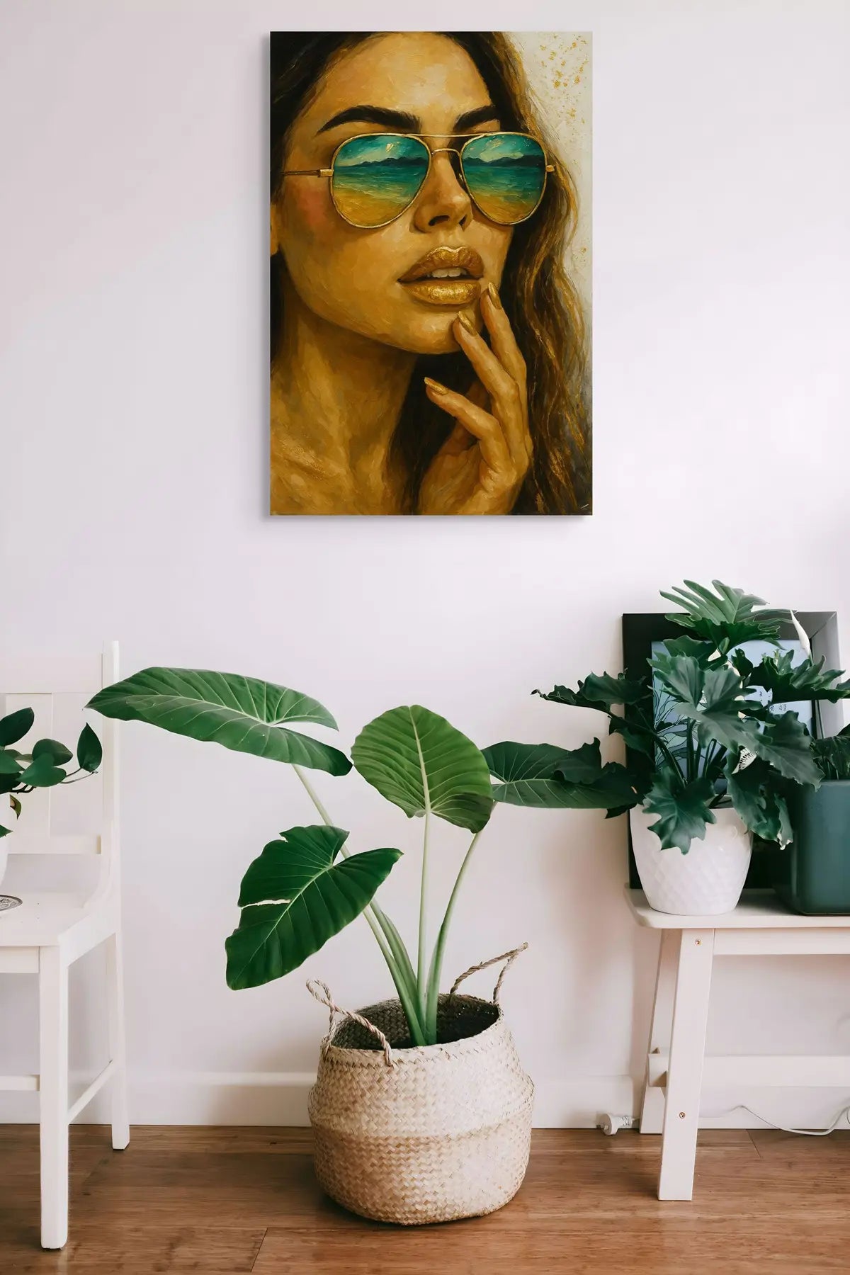 Golden Horizon artwork styled in a hallway setting with neutral décor