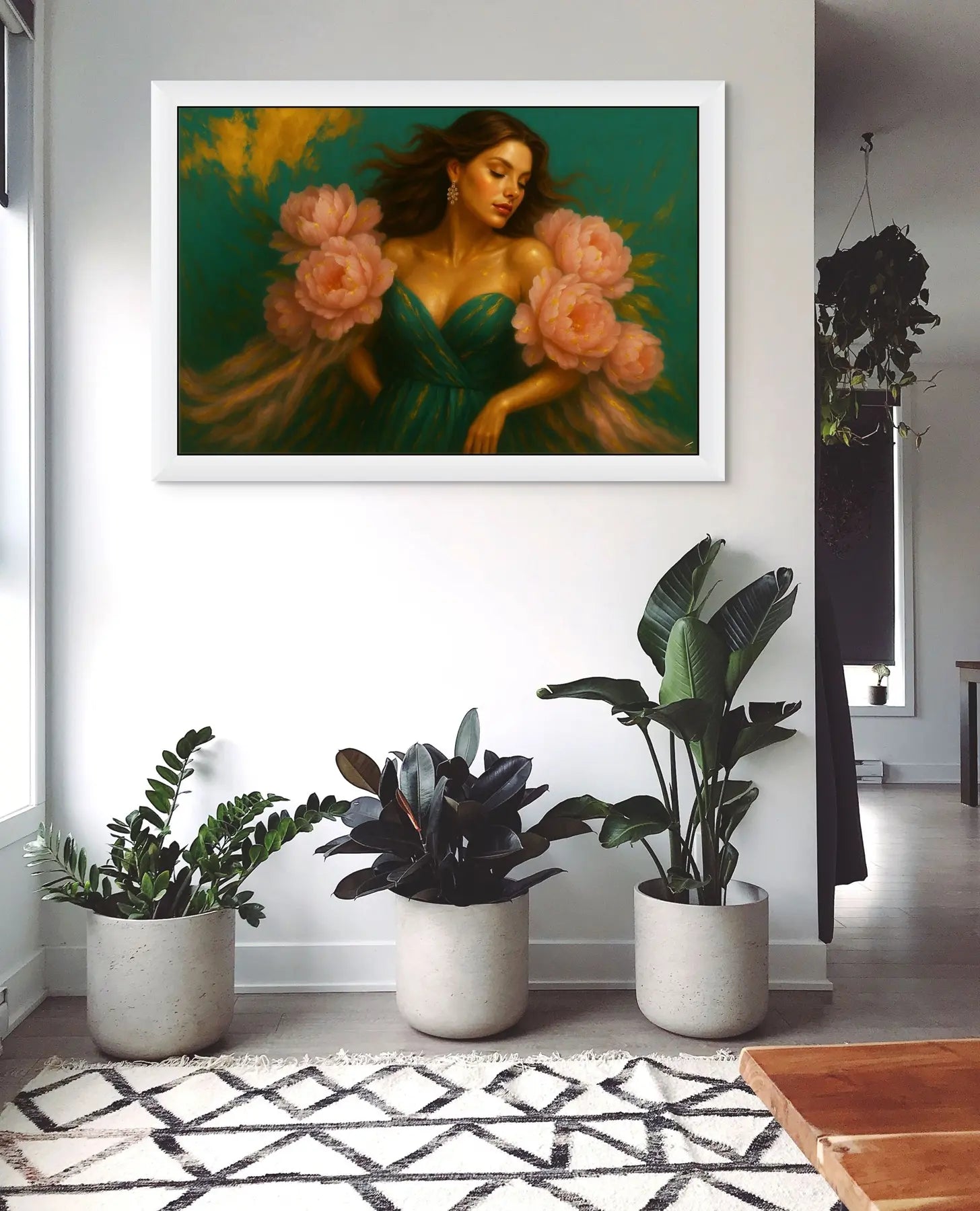 Golden Blush original painting – floral couture portrait with dramatic florals.