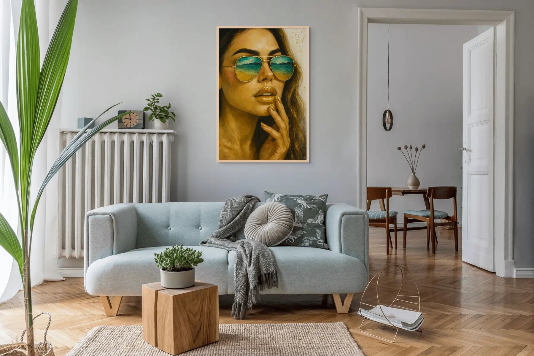 Golden Horizon artwork displayed in a modern lounge with warm tones.