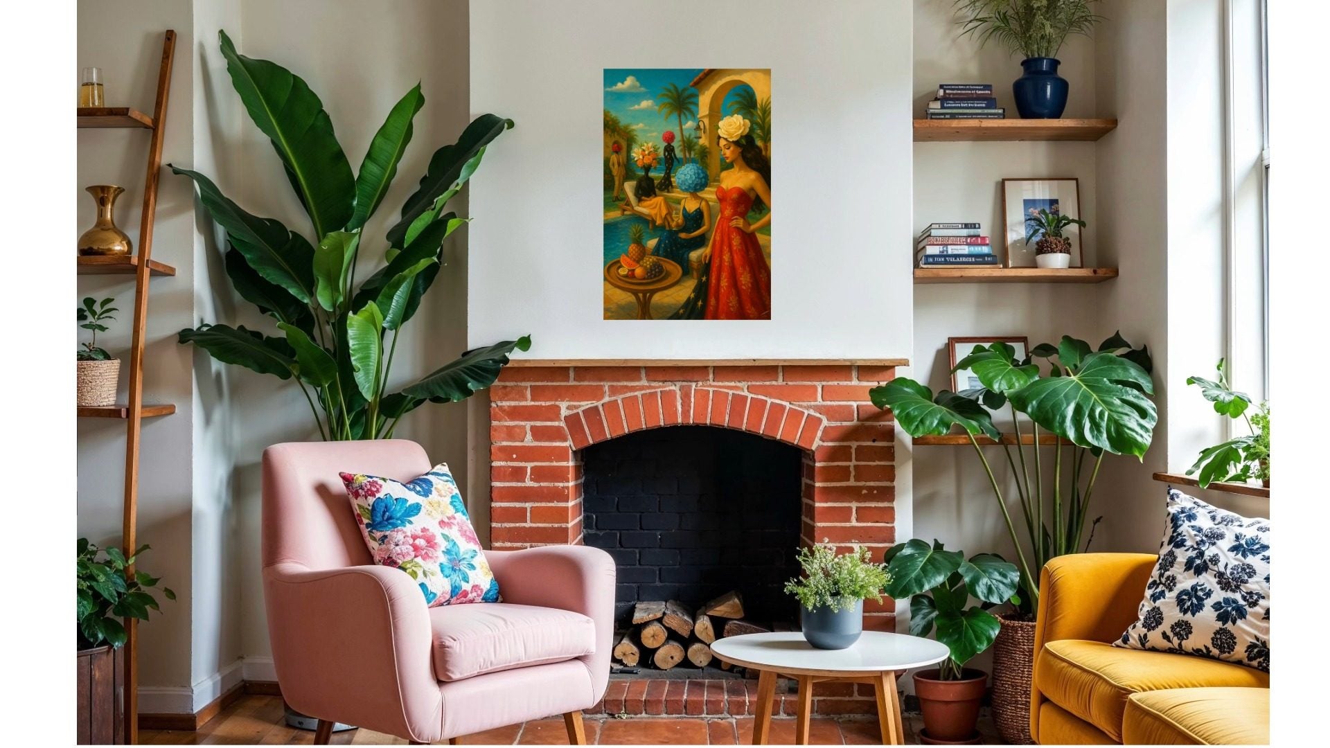 Garden Soiree print, surreal floral artwork with couture symbolism, shown framed in oak and styled in a modern living room.