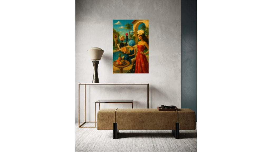 Garden Soiree print, surreal floral artwork with couture symbolism, shown framed in oak and styled in a modern living room.