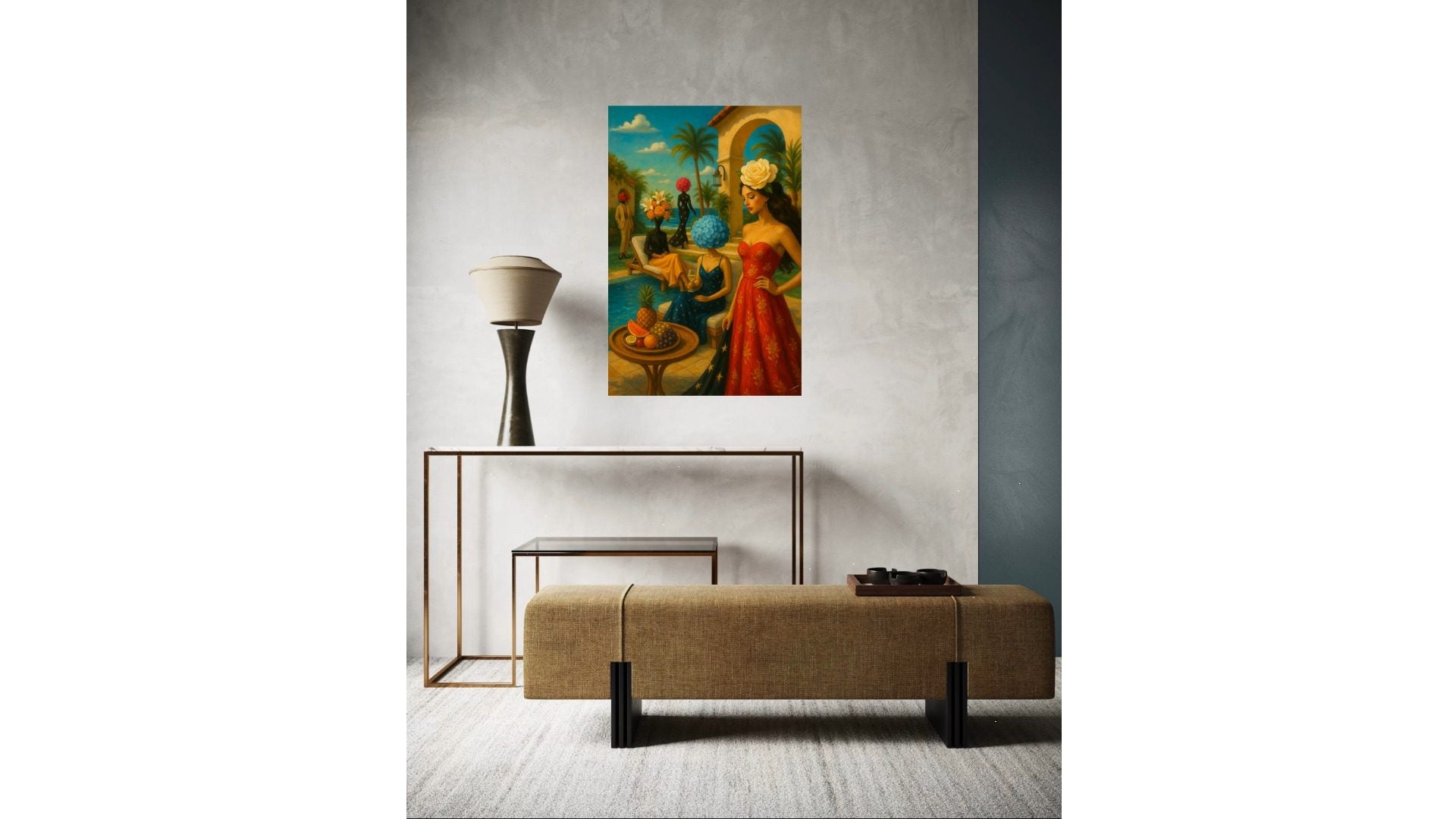 Garden Soiree print, surreal floral artwork with couture symbolism, shown framed in oak and styled in a modern living room.