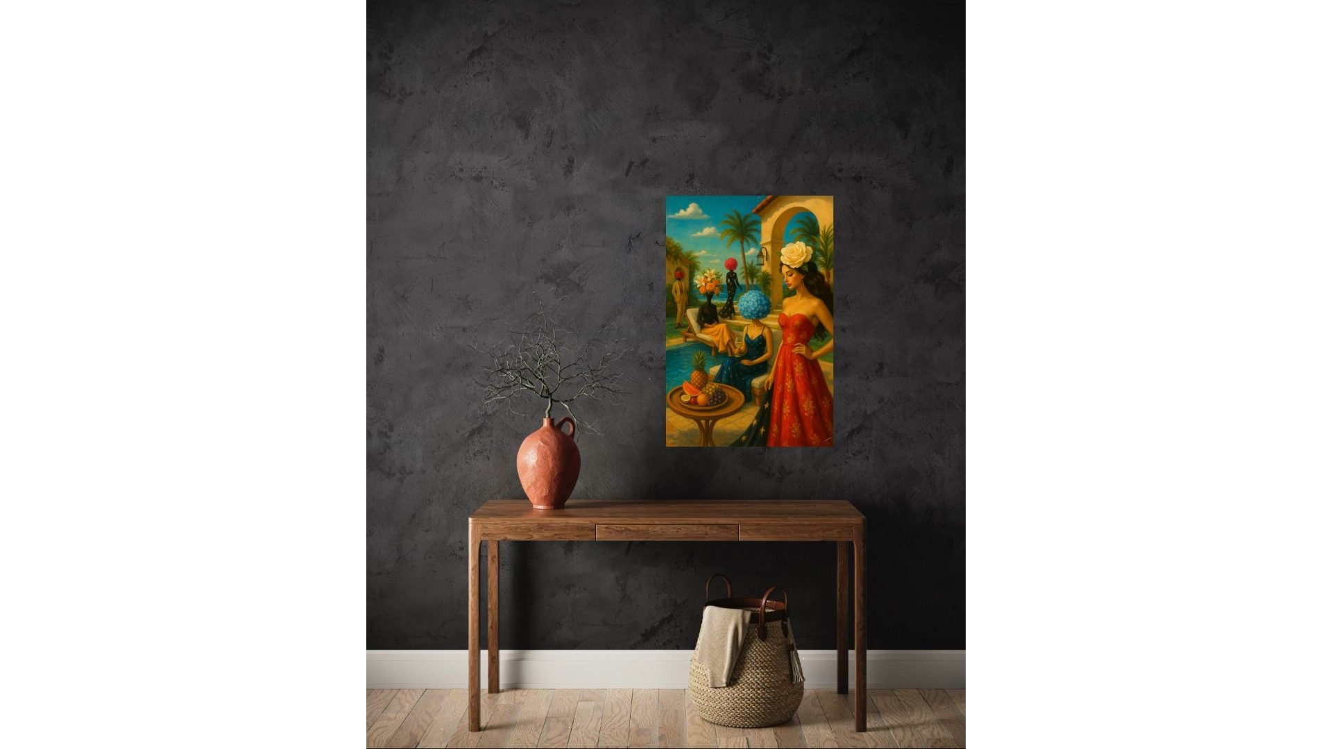 Garden Soiree print, surreal floral artwork with couture symbolism, shown framed in oak and styled in a modern living room.