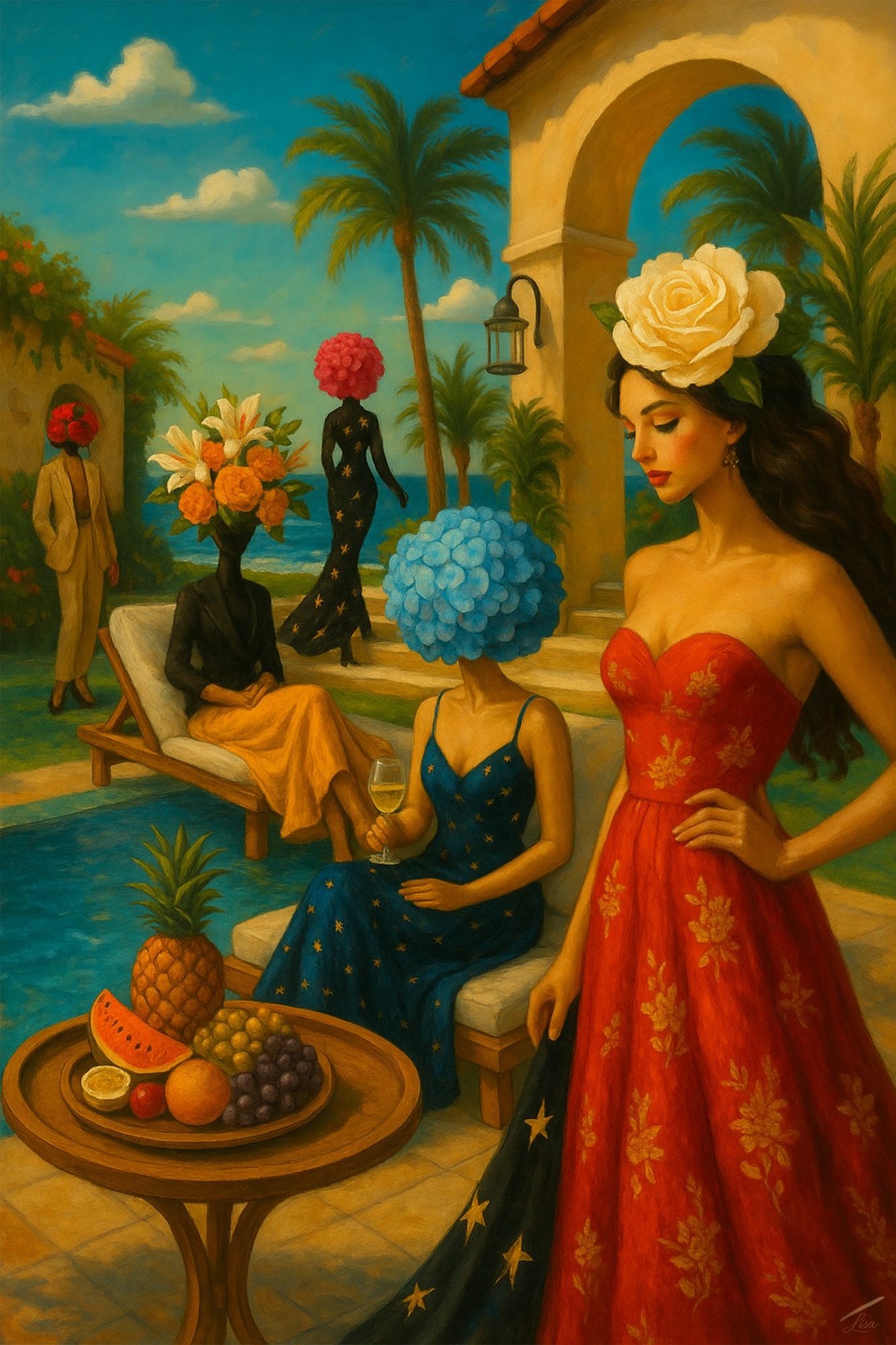 Garden Soiree print, surreal garden scene with couture symbolism, vibrant florals, and bold painterly tones.