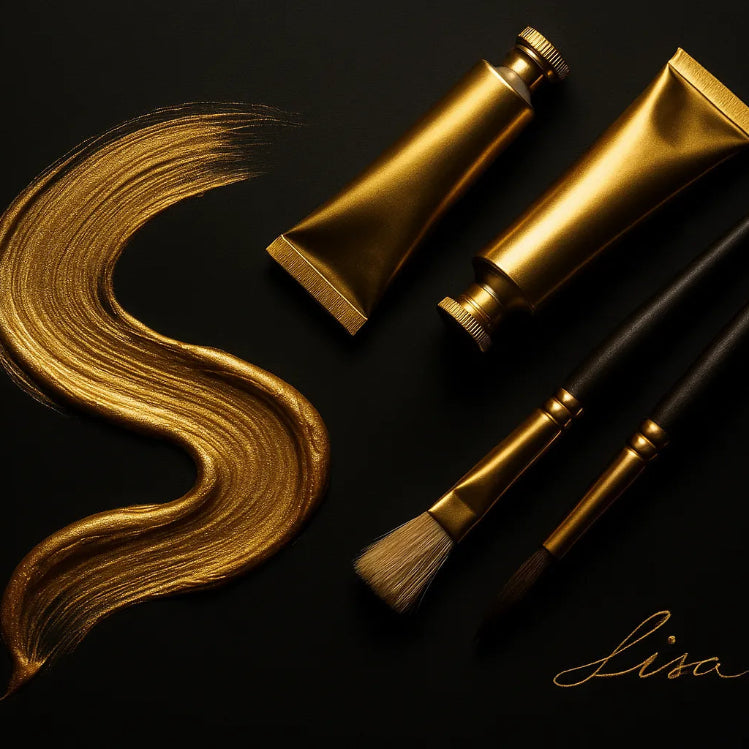 Flat-lay of gold paint tubes and artist brushes on black background with gold paint smear.