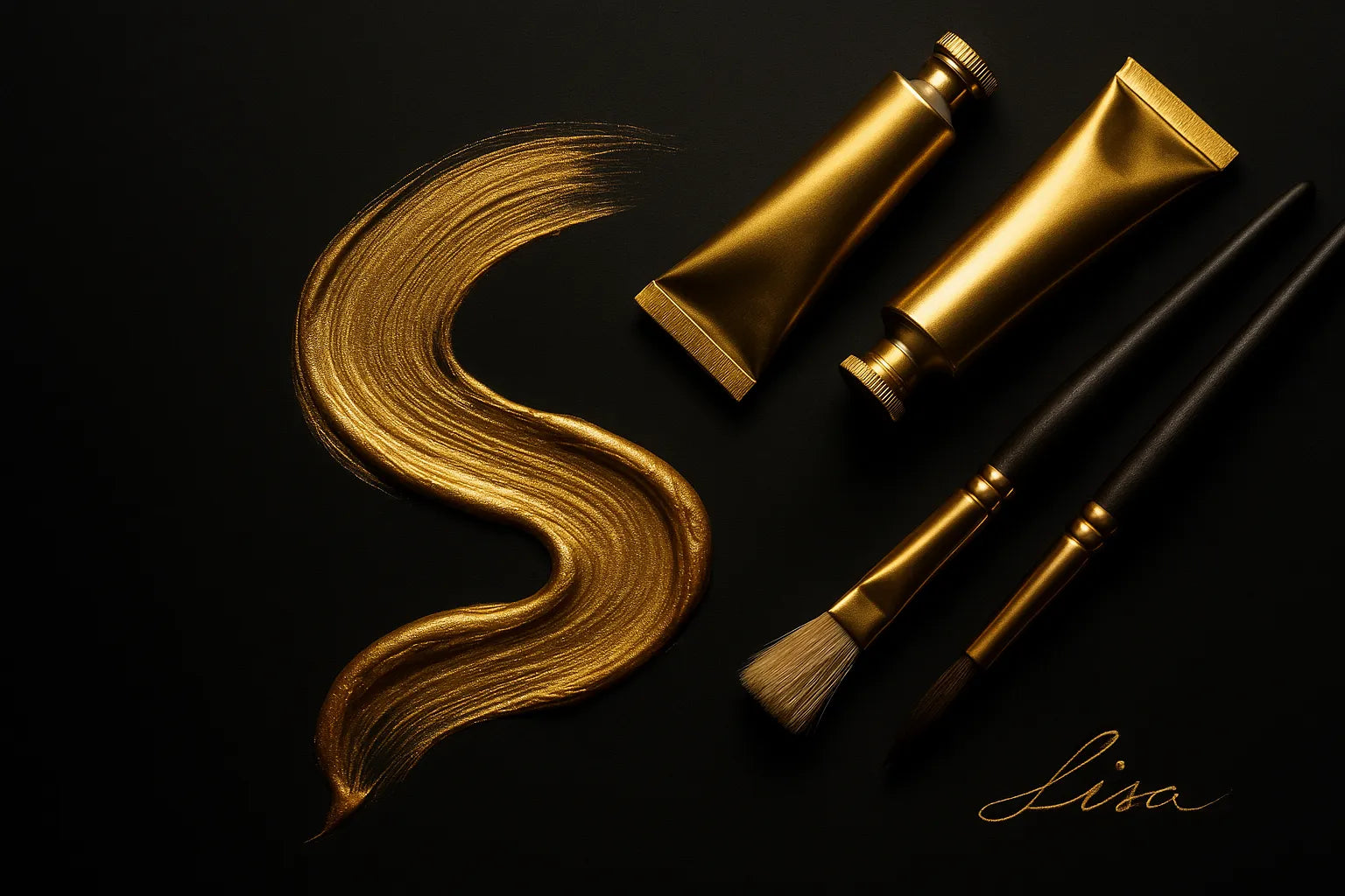 Flat-lay of gold paint tubes and artist brushes on black background with gold paint smear.