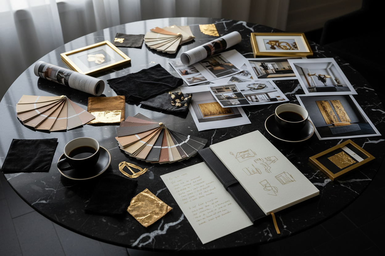 Luxury art studio flat lay featuring gold leaf samples, colour palettes, and design references, used in creating original gold leaf artwork for modern interior wall art