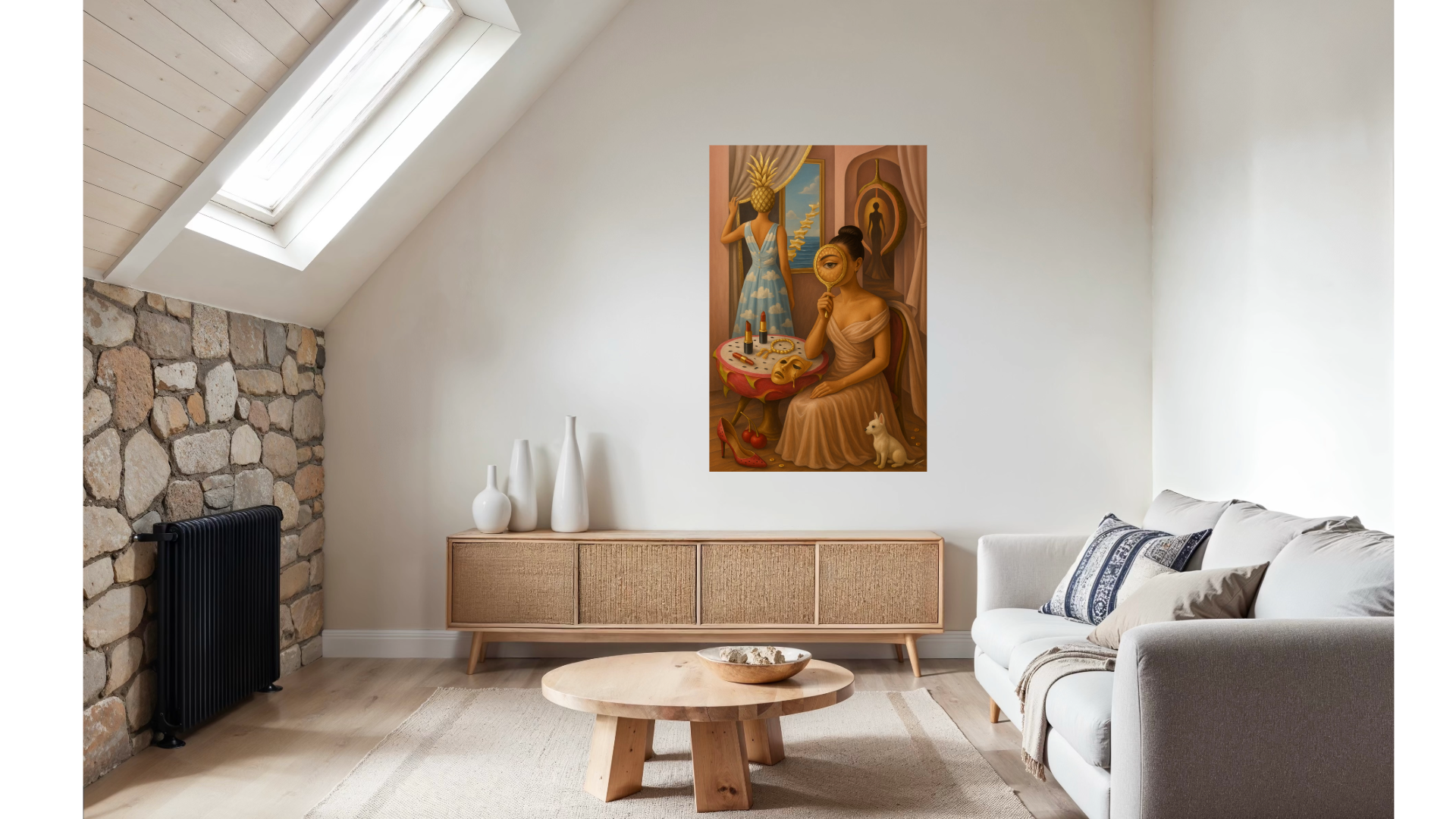 Through the Golden Gaze print, couture-inspired surreal artwork with golden light, displayed in an oak frame above modern décor.