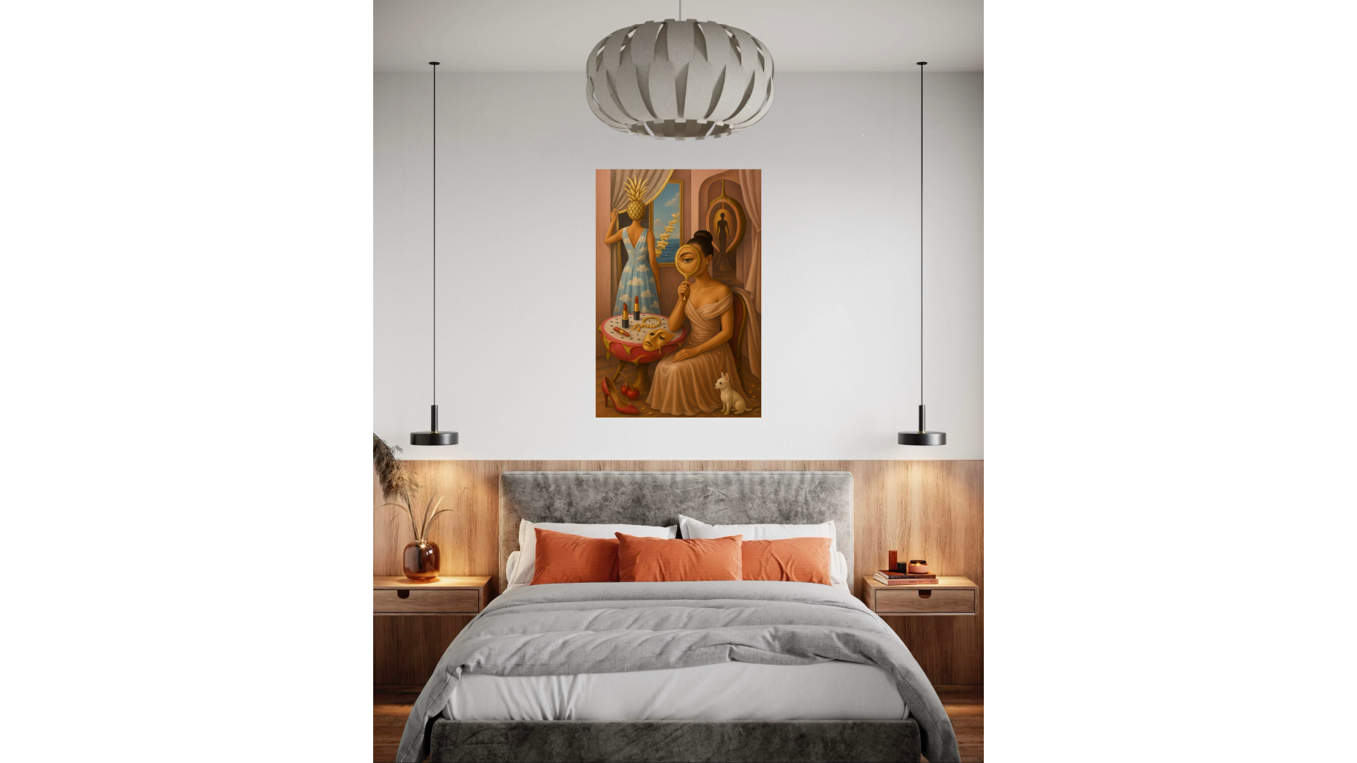 Through the Golden Gaze print, couture-inspired surreal artwork with golden light, displayed in an oak frame above modern décor.