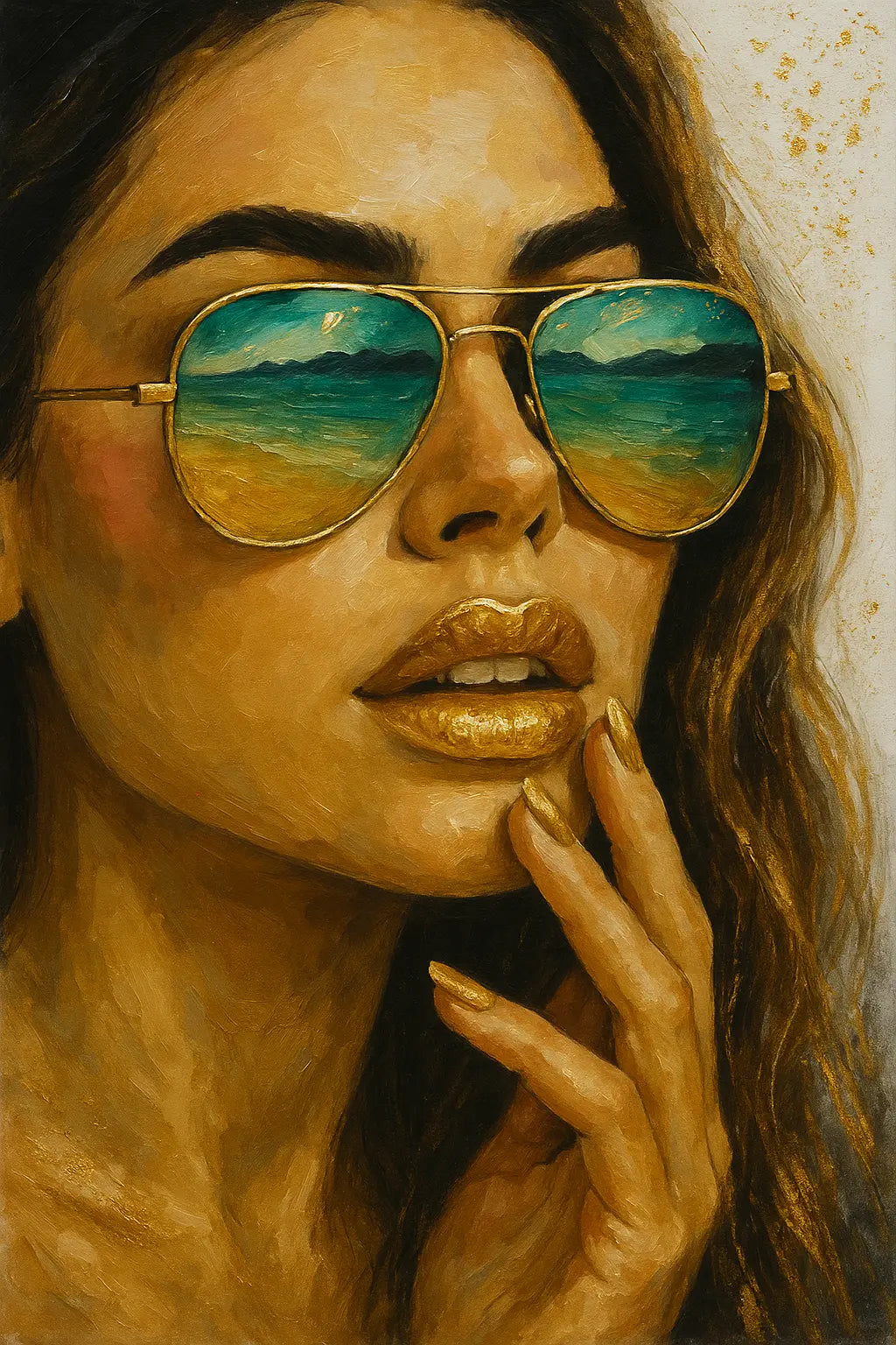 High-resolution portrait of a golden muse with teal eyelids from the Golden Horizon series.
