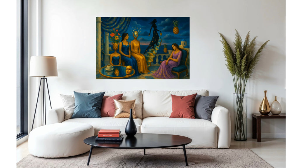Golden Steps to Nowhere print, surreal artwork with golden stairs and symbolism in a modern living space.