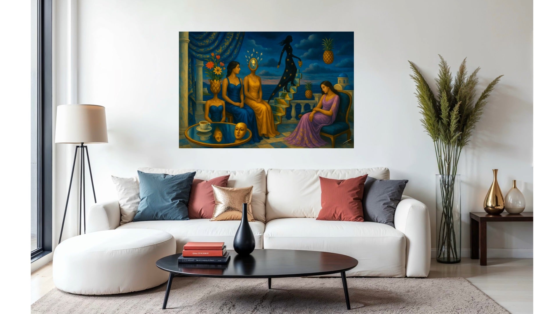 Golden Steps to Nowhere print, surreal artwork with golden stairs and symbolism in a modern living space.