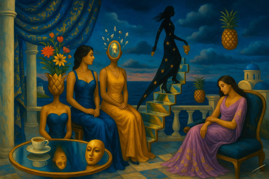 Golden Steps to Nowhere print, surreal dreamlike artwork with golden stairs and symbolic modern figures.