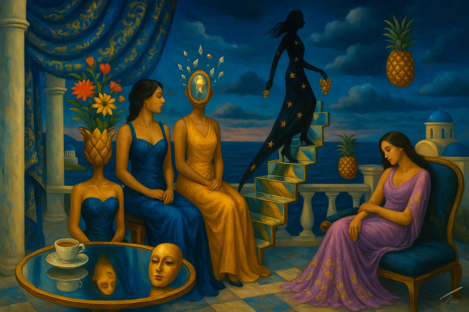 Golden Steps to Nowhere print, surreal dreamlike artwork with golden stairs and symbolic modern figures.