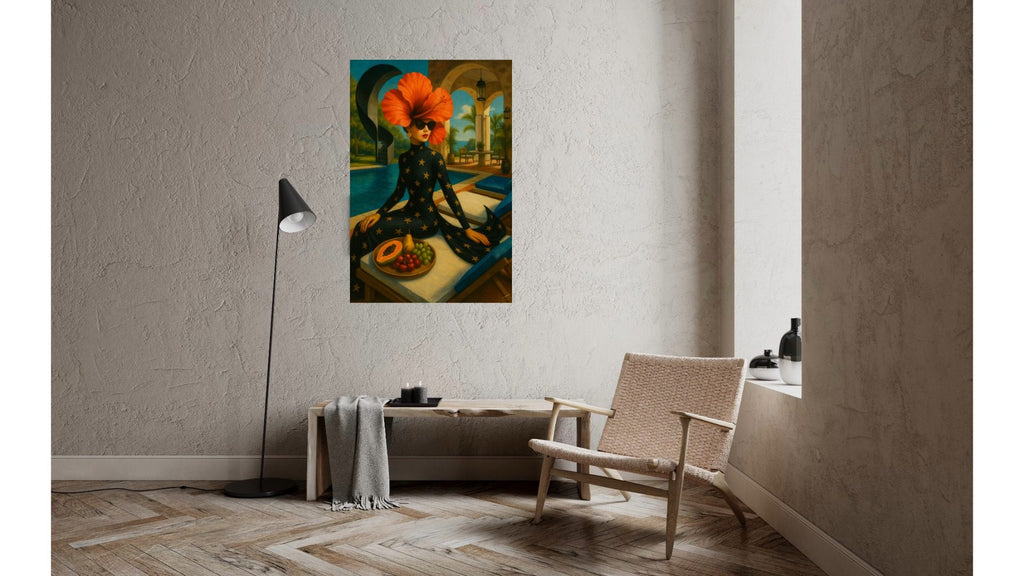 Hibiscus Reverie print, surreal hibiscus floral art with couture style, shown unframed and styled in a contemporary living space.