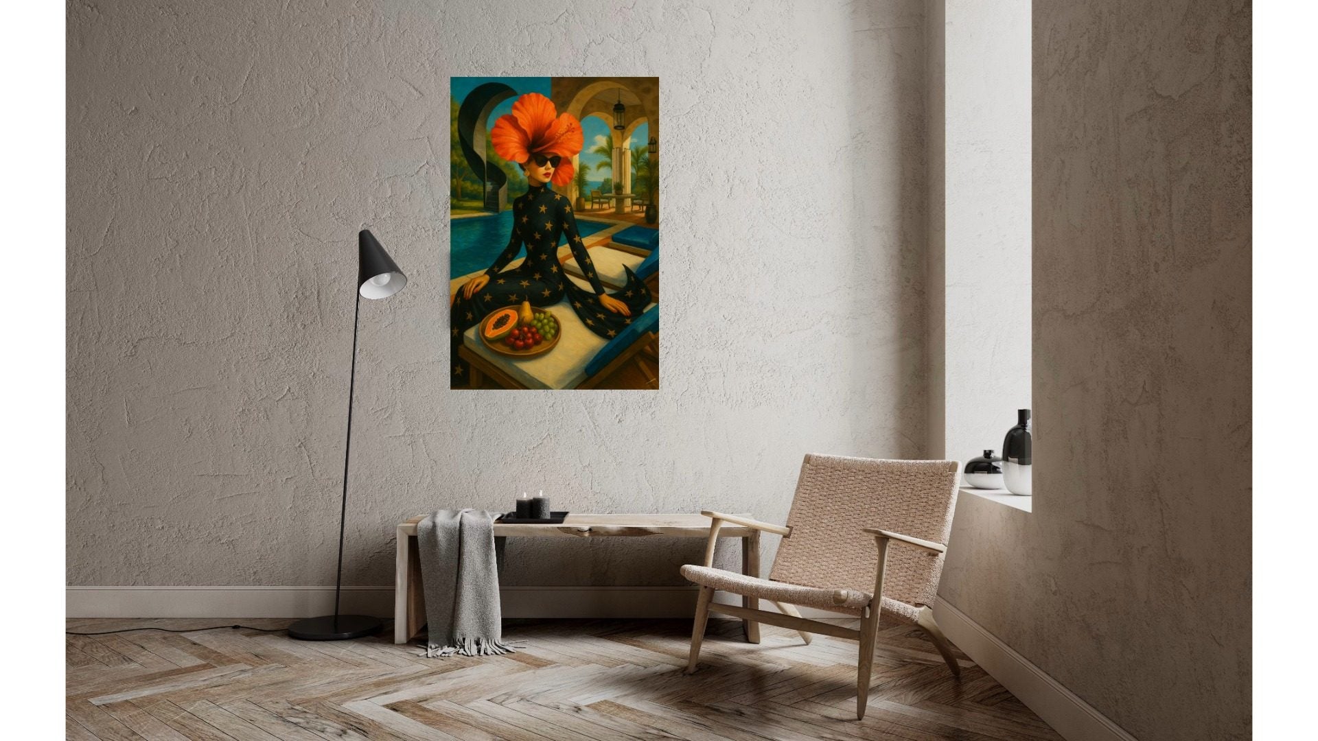 Hibiscus Reverie print, surreal hibiscus floral art with couture style, shown unframed and styled in a contemporary living space.