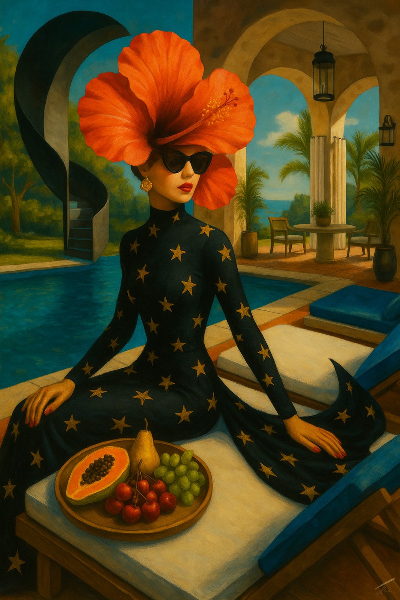 Hibiscus Reverie print, vibrant surreal art with bold hibiscus flowers and fashion-inspired symbolism.