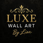 Luxe Wall Art by Lisa brand logo on damask background.