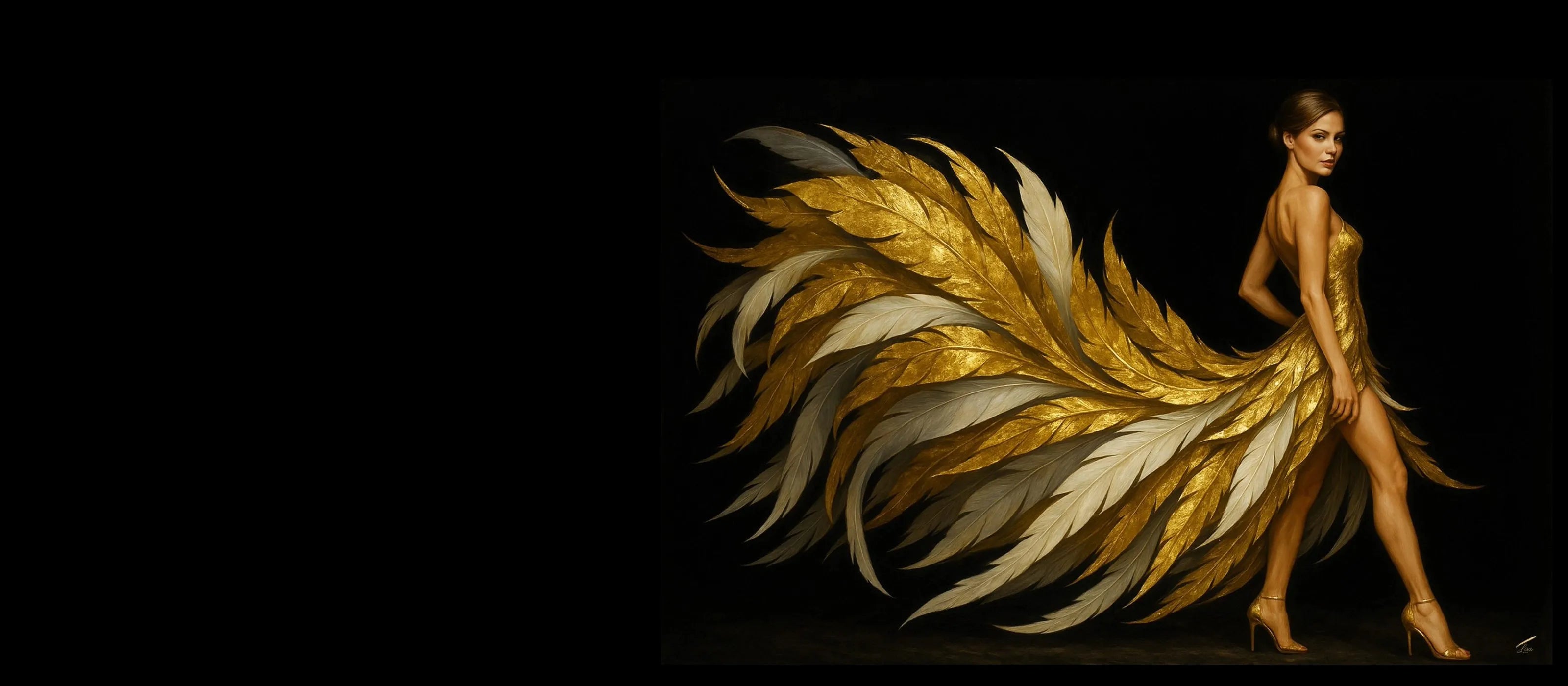 Woman in a gold feather dress on a black background — couture-inspired painting by Luxe Wall Art by Lisa.