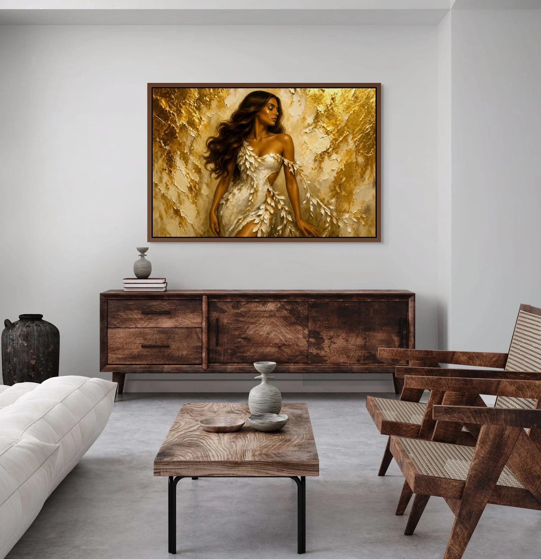 Luxury gold leaf original painting Ivory Sovereign in an espresso frame above a wooden credenza, styled for elegant console and living room placement.