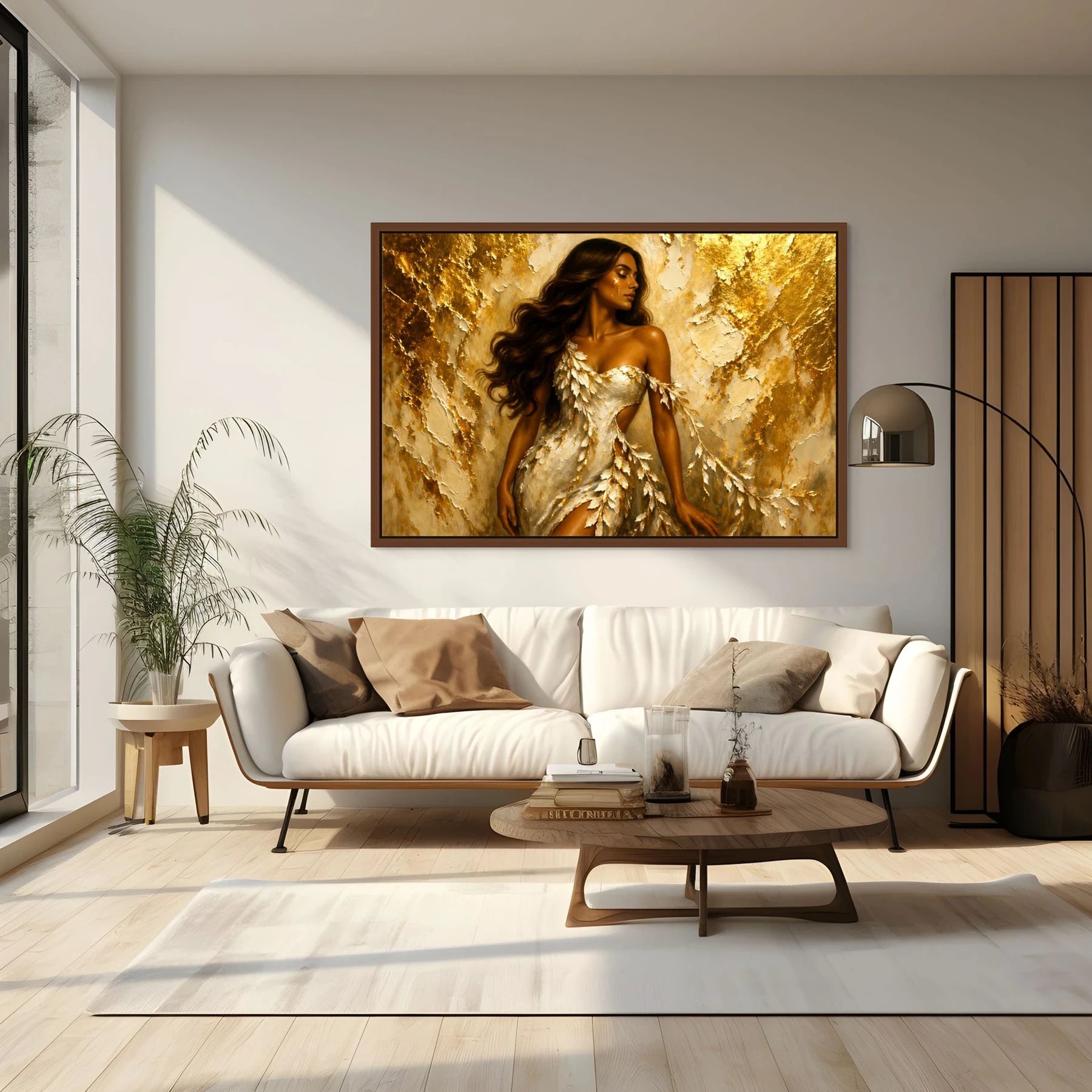 Luxury gold leaf original painting Ivory Sovereign in an oak frame above a contemporary sofa, styled as a living room focal work for soft modern interiors.