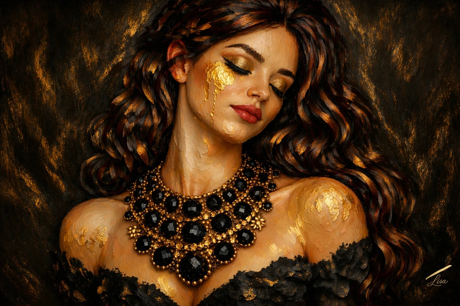 Luxury gold leaf original painting featuring a feminine portrait with rich dark tones and gold detailing, designed as a statement piece for modern interiors