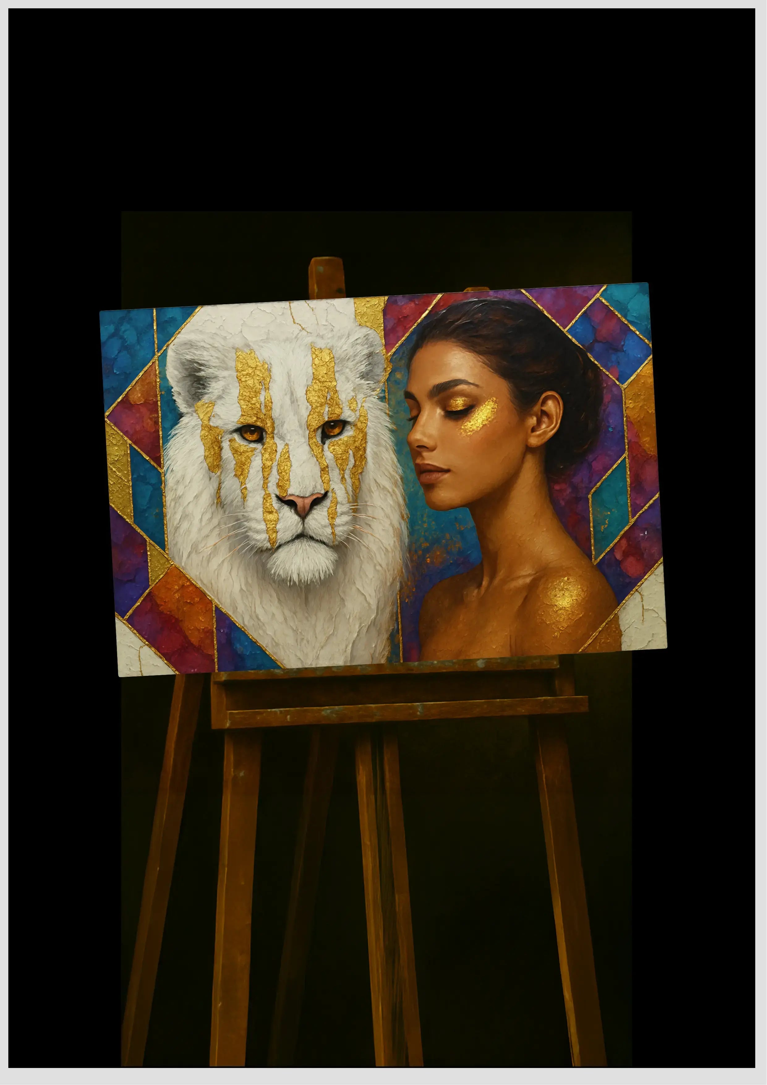 Gold-leaf original artwork displayed on an artist’s easel in a studio setting. Painting is of a woman with a white lion against a dark background