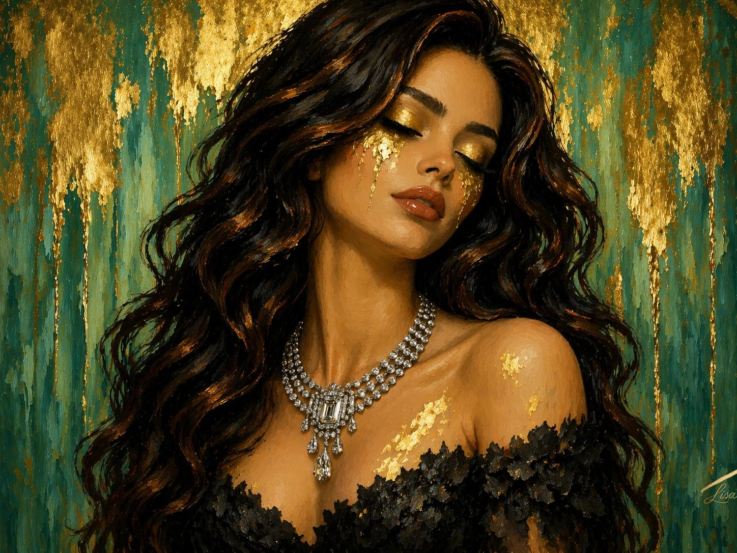 Luxury gold leaf original painting featuring a feminine portrait with teal and gold tones, designed as a statement wall piece for modern interiors