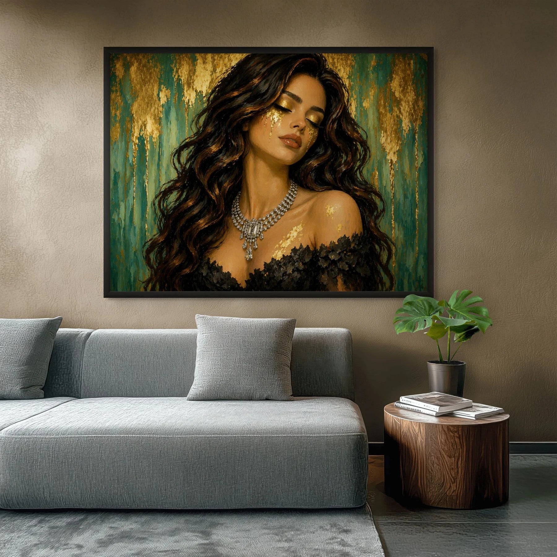 Luxury gold leaf original painting in black frame styled above sofa in grey lounge, designed for contemporary living room interiors