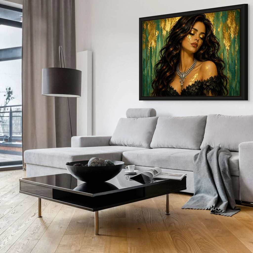 Luxury gold leaf original painting in black frame displayed above sofa, designed as a statement wall piece for modern living room interiors